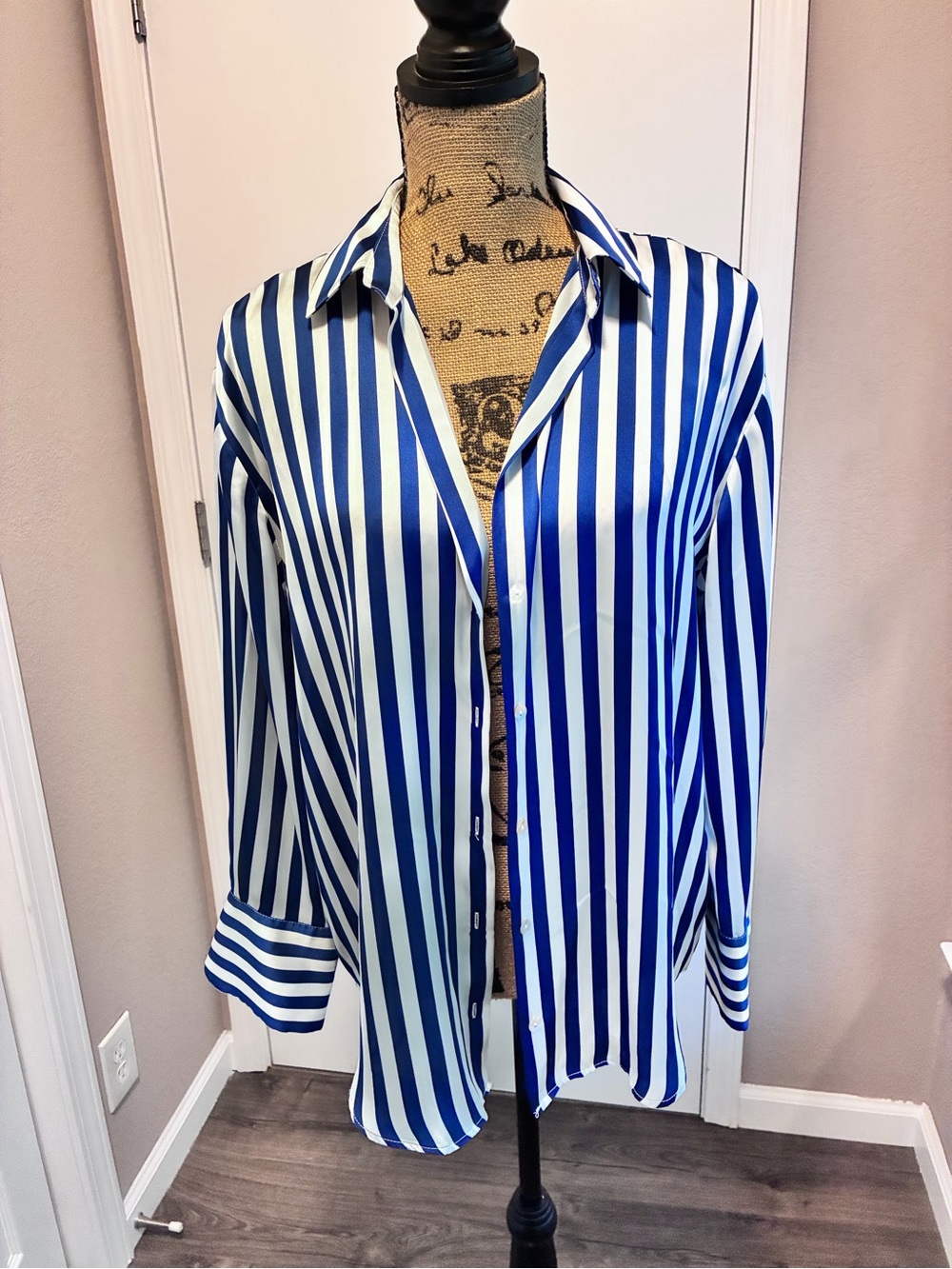 Zara Royal Blue & White Vertical Stripe Button-Down Shirt